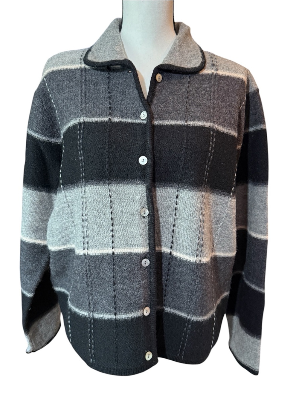Karen Scott Women's Gray & Black Striped Button-Up Sweater, size XL